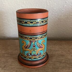 Antique Hand-Painted Terracotta Tumbler Spill Vase Revival Griffins & Scrollwork